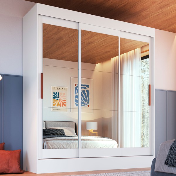 Guarda-Roupa Solteiro Marselha 3 Portas 2 Gavetas Espelhado Branco - Doripel Móveis