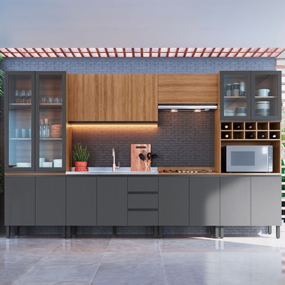 Cozinha Completa Cambará 16 Portas 3 Gavetas Montana/Grafite - Quiditá Móveis