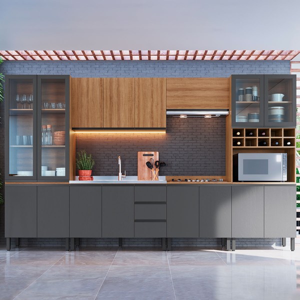 Cozinha Completa Cambará 16 Portas 3 Gavetas Montana/Grafite - Quiditá Móveis