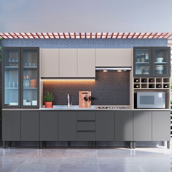 Cozinha Completa Cambará 16 Portas 3 Gavetas Fumê/Grafite - Quiditá Móveis