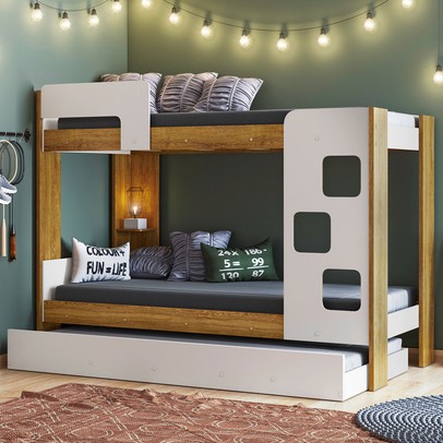 Treliche Vegas 1 Prateleira com Escada e Grade de Proteção Branco/Madeirado Ypê- Tigus