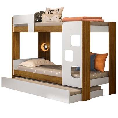 Treliche Vegas 1 Prateleira com Escada e Grade de Proteção Branco/Madeirado Ypê- Tigus