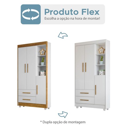 Guarda-Roupa Infantil Flocos 3 Portas 2 Gavetas Flex Branco/Ypê/Branco - Tigus