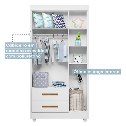 Guarda-Roupa Infantil Flocos 3 Portas 2 Gavetas Flex Branco/Ypê/Branco - Tigus