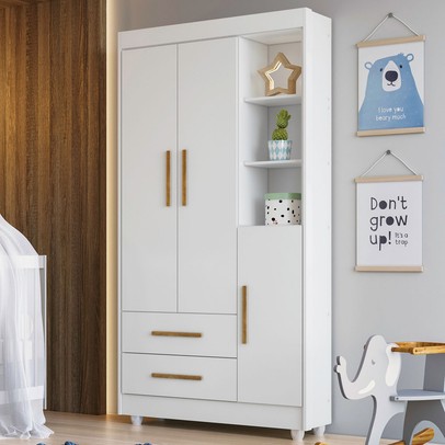 Guarda-Roupa Infantil Flocos 3 Portas 2 Gavetas Flex Branco/Ypê/Branco - Tigus