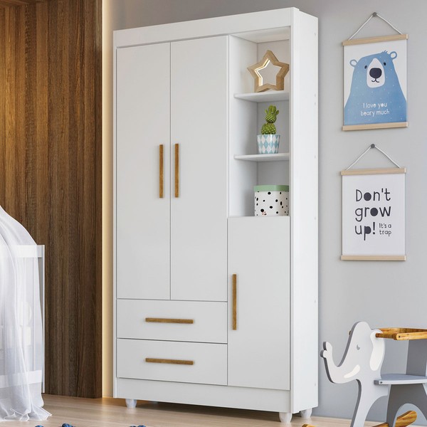 Guarda-Roupa Infantil Flocos 3 Portas 2 Gavetas Flex Branco/Ypê/Branco - Tigus