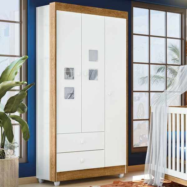 Guarda Roupa de Bebê Life 100% Mdf 3 Portas 2 Gavetas Flex Branco/Ypê/Branco - Tigus Baby