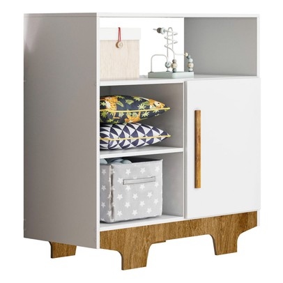 Cômoda Infantil Flocos 1 Porta 3 Prateleiras Branco/Madeirado Ypê - Tigus Baby