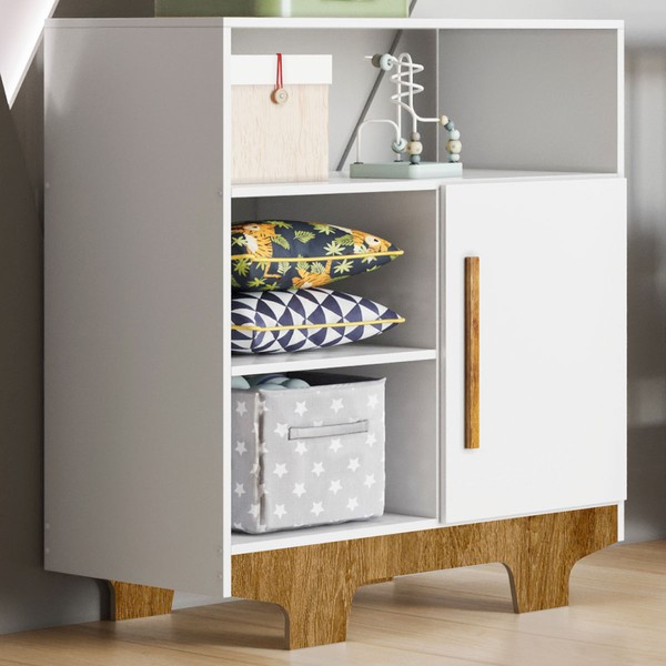 Cômoda Infantil Flocos 1 Porta 3 Prateleiras Branco/Madeirado Ypê - Tigus Baby