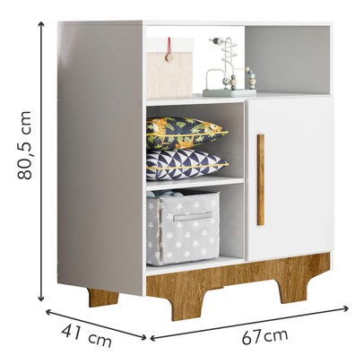 Cômoda Infantil Flocos 1 Porta 3 Prateleiras Branco/Madeirado Ypê - Tigus Baby