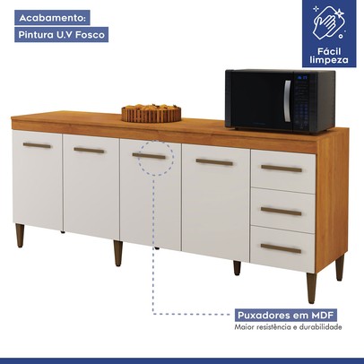 Balcão de Cozinha Atenas 4 Portas 3 Gavetas Nature/Off White - Kaiki Móveis