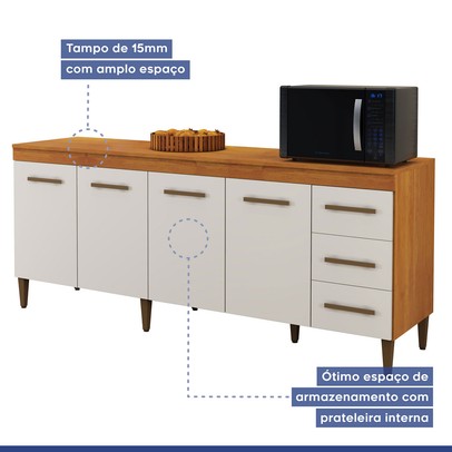 Balcão de Cozinha Atenas 4 Portas 3 Gavetas Nature/Off White - Kaiki Móveis