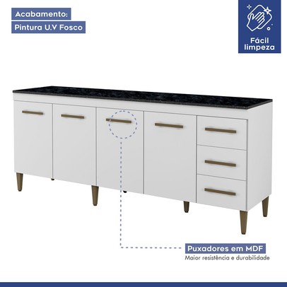 Balcão de Cozinha Atenas 4 Portas 3 Gavetas Branco - Kaiki Móveis