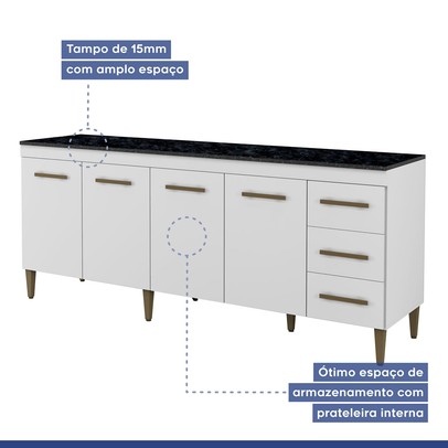 Balcão de Cozinha Atenas 4 Portas 3 Gavetas Branco - Kaiki Móveis