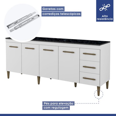 Balcão de Cozinha Atenas 4 Portas 3 Gavetas Branco - Kaiki Móveis