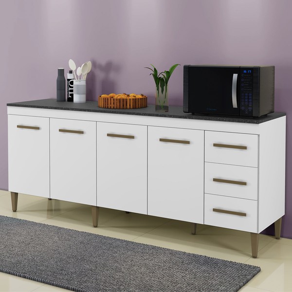 Balcão de Cozinha Atenas 4 Portas 3 Gavetas Branco - Kaiki Móveis