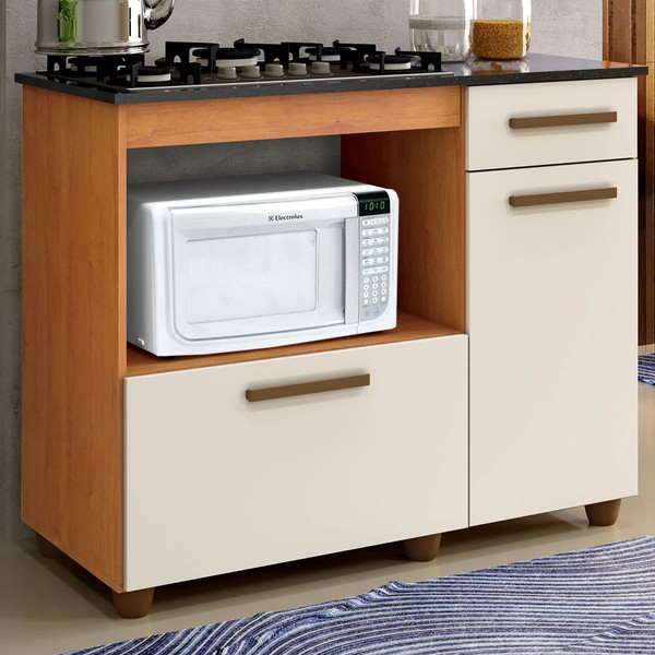 Balcão de Cozinha para Cooktop 4 Bocas Violeta 2 Portas 1 Gaveta Nature/Off White - Kaiki Móveis