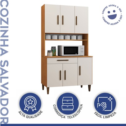 Cozinha Compacta Salvador 6 Portas 1 Gaveta Nature/Off White - Kaiki Móveis