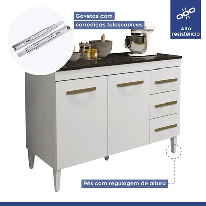 Balcão de Cozinha Virtus 2 Portas 3 Gavetas Branco - Kaiki Móveis