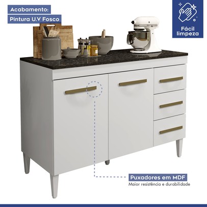 Balcão de Cozinha Virtus 2 Portas 3 Gavetas Branco - Kaiki Móveis