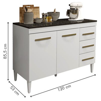 Balcão de Cozinha Virtus 2 Portas 3 Gavetas Branco - Kaiki Móveis