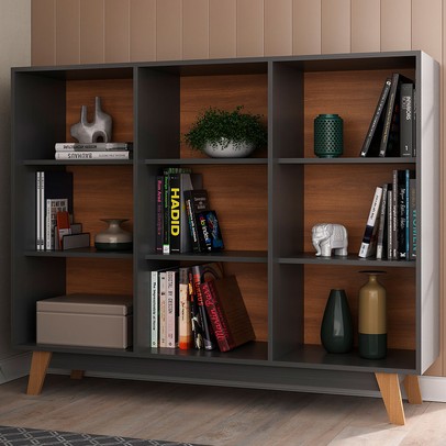 Estante para Livros 9 Nichos Grafite/Nogal - Hecol Móveis