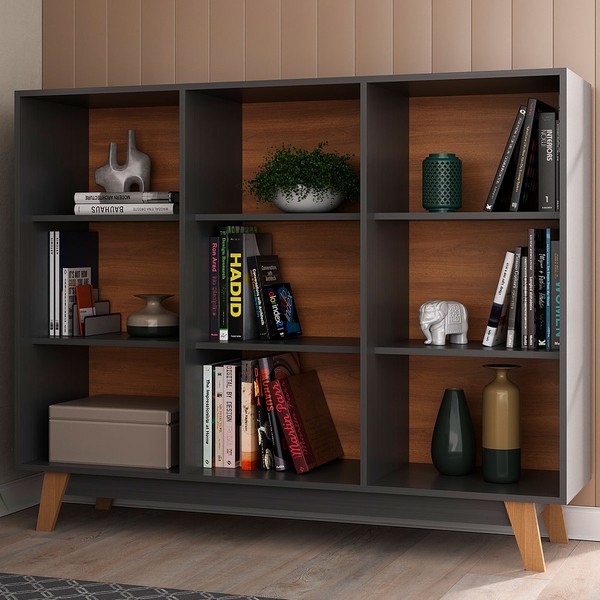 Estante para Livros 9 Nichos Grafite/Nogal - Hecol Móveis