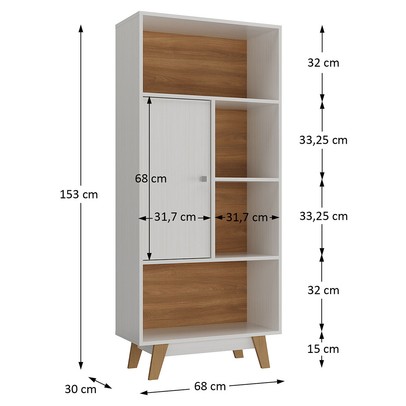 Estante para Livros 1 Porta 4 Nichos Branco/Nogal - Hecol Móveis
