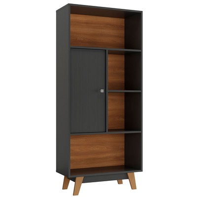 Estante para Livros 1 Porta 4 Nichos Grafite/Nogal - Hecol Móveis