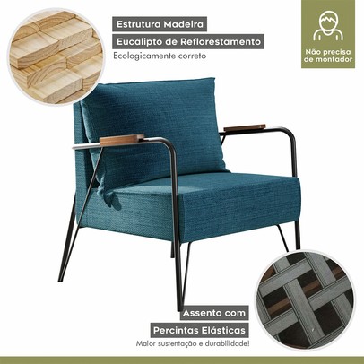 Poltrona M02 Preto/Linho Jeans Azul 3961 - Mais Decor