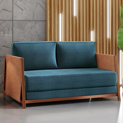 Sofá Cama 2 Lugares Cobre/Linho Jeans Azul 3968 - Mais Decor
