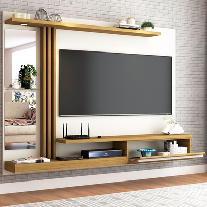 Painel para TV Até 55 Polegadas com Led Tulum 1 Porta Off White/Cinamomo - Panorama Móveis