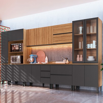 Cozinha Completa Plátano 16 Portas 5 Gavetas Montana/Grafite - Quidita Móveis