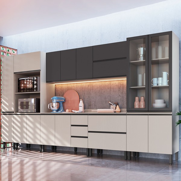 Cozinha Completa Plátano 16 Portas 5 Gavetas Fumê/Grafite - Quiditá Móveis