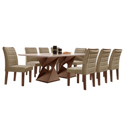 Mesa de Jantar 8 Lugares Genova com Vidro Chocolate/Off White/Marrom Claro - Cel Móveis