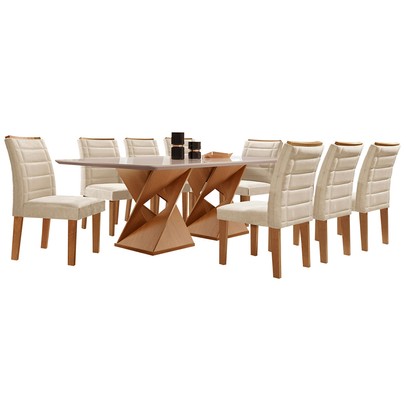 Mesa de Jantar 8 Lugares Genova com Vidro Cinamomo/Off White/Bege - Cel Móveis