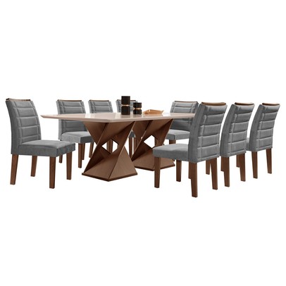 Mesa de Jantar 8 Lugares Genova com Vidro Chocolate/Off White/Cinza - Cel Móveis