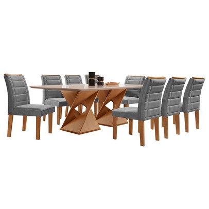 Mesa de Jantar 8 Lugares Genova com Vidro Cinamomo/Off White/Cinza - Cel Móveis