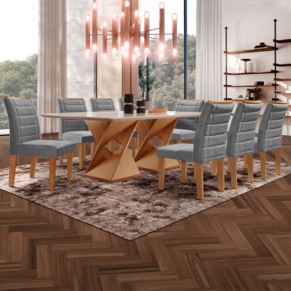 Mesa de Jantar 8 Lugares Genova com Vidro Cinamomo/Off White/Cinza - Cel Móveis
