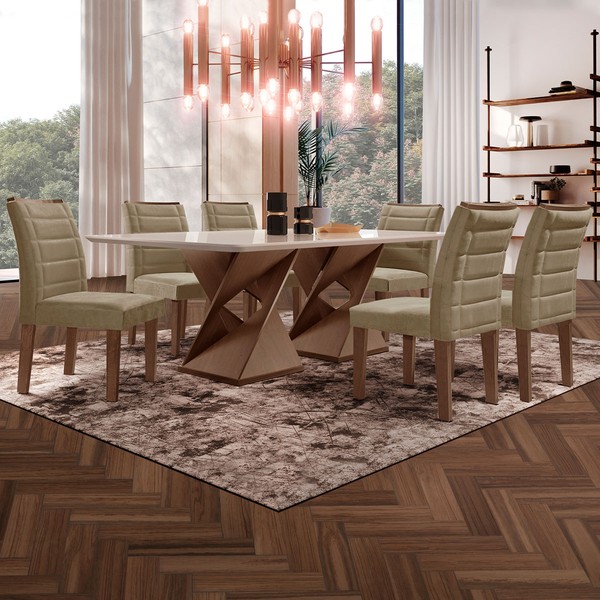 Mesa de Jantar 6 Lugares Genova com Vidro Chocolate/Off White/Marrom Claro - Cel Móveis