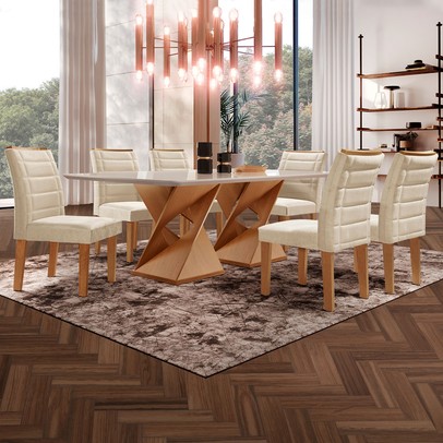 Mesa de Jantar 6 Lugares Genova com Vidro Cinamomo/Off White/Bege - Cel Móveis