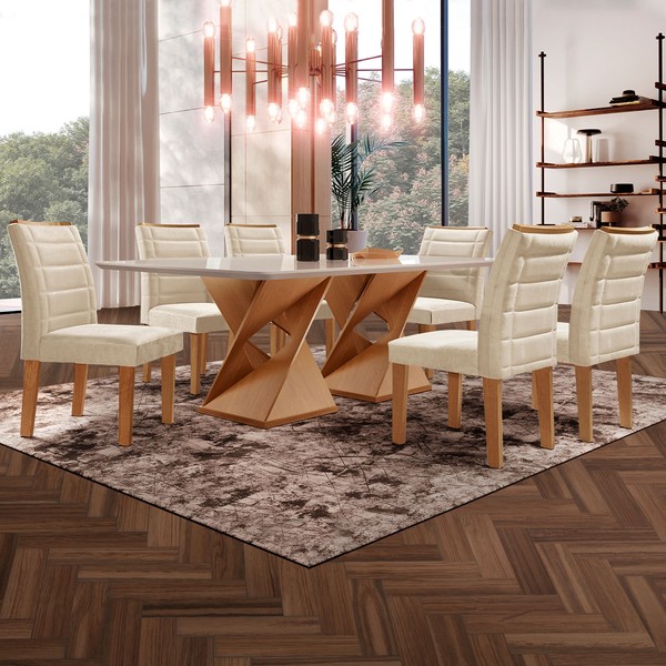 Mesa de Jantar 6 Lugares Genova com Vidro Cinamomo/Off White/Bege - Cel Móveis