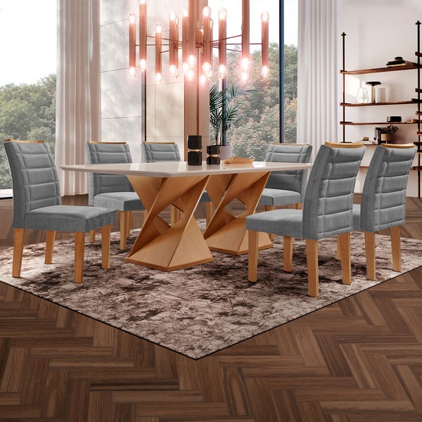Mesa de Jantar 6 Lugares Genova com Vidro Cinamomo/Off White/Cinza - Cel Móveis