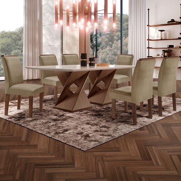 Mesa de Jantar 6 Lugares Genova/Luísa com Vidro Chocolate/Off White/Marrom Claro - Cel Móveis