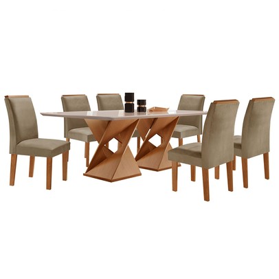 Mesa de Jantar 6 Lugares Genova/Luísa com Vidro Cinamomo/Off White/Marrom Claro - Cel Móveis