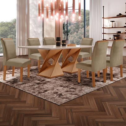 Mesa de Jantar 6 Lugares Genova/Luísa com Vidro Cinamomo/Off White/Marrom Claro - Cel Móveis