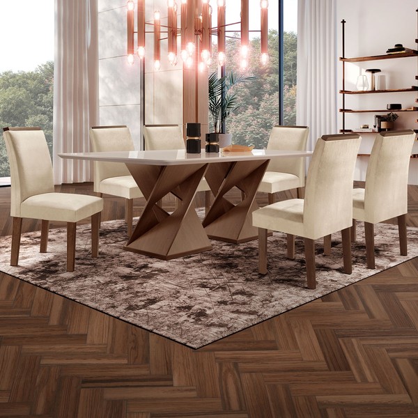 Mesa de Jantar 6 Lugares Genova/Luísa com Vidro Chocolate/Off White/Bege - Cel Móveis