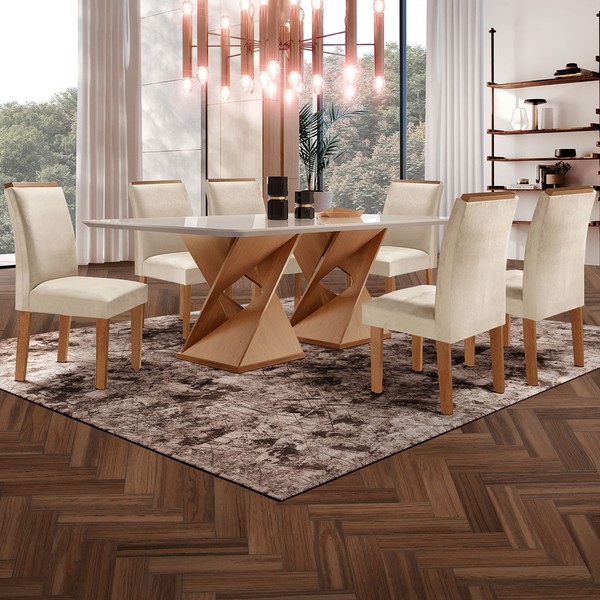 Mesa de Jantar 6 Lugares Genova/Luísa com Vidro Cinamomo/Off White/Bege - Cel Móveis