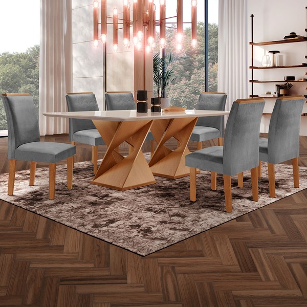 Mesa de Jantar 6 Lugares Genova/Luísa com Vidro Cinamomo/Off White/Cinza - Cel Móveis