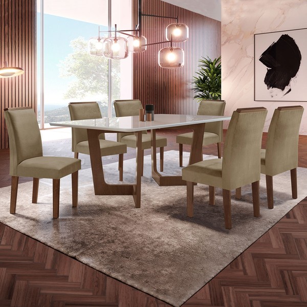 Mesa de Jantar 6 Lugares Nápoles/Luísa com Vidro Chocolate/Off White/Marrom Claro - Cel Móveis